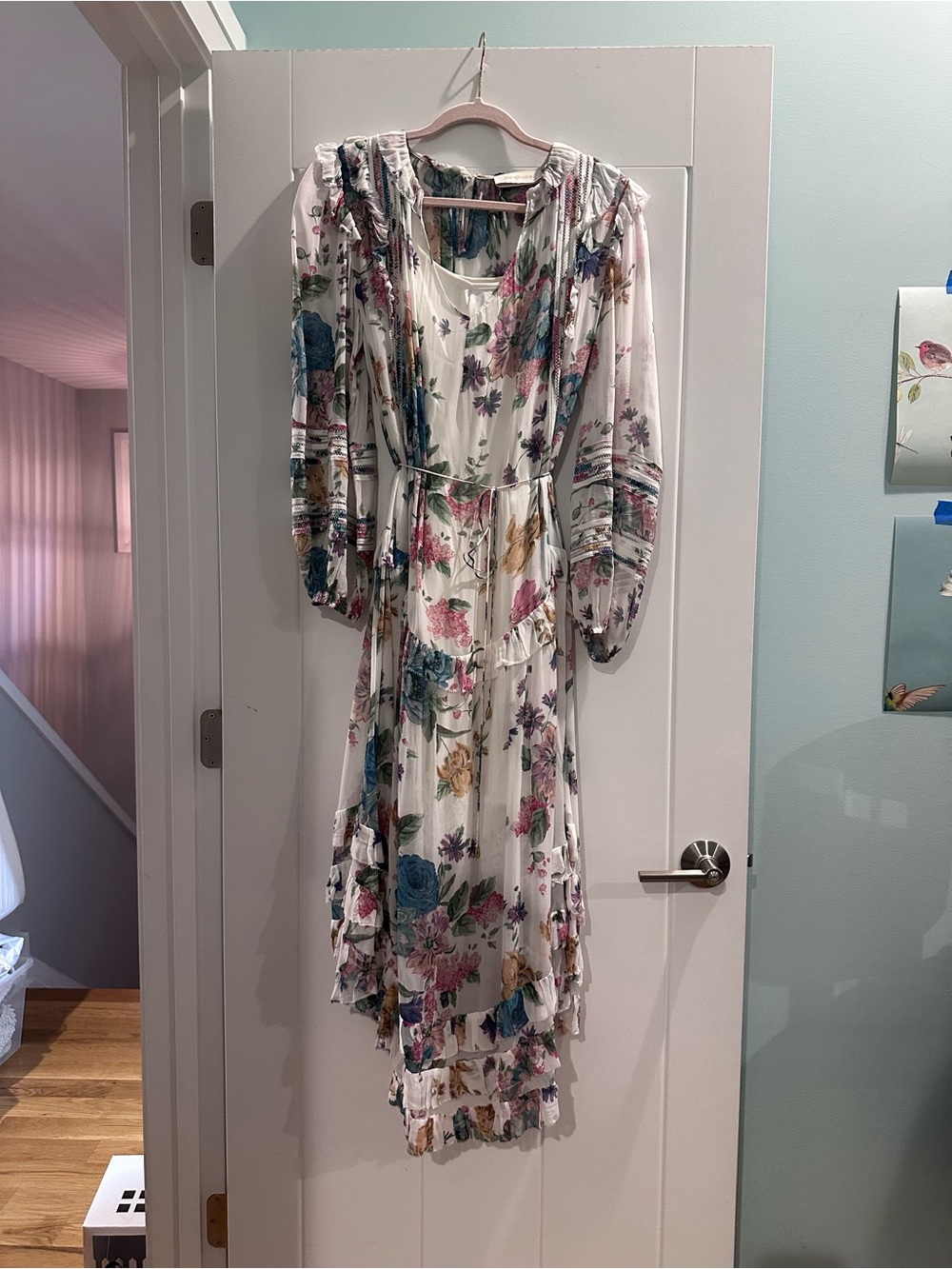 Zimmerman Floral Ruffle Maxi Dress in Ivory with Blue & Pink Blooms
